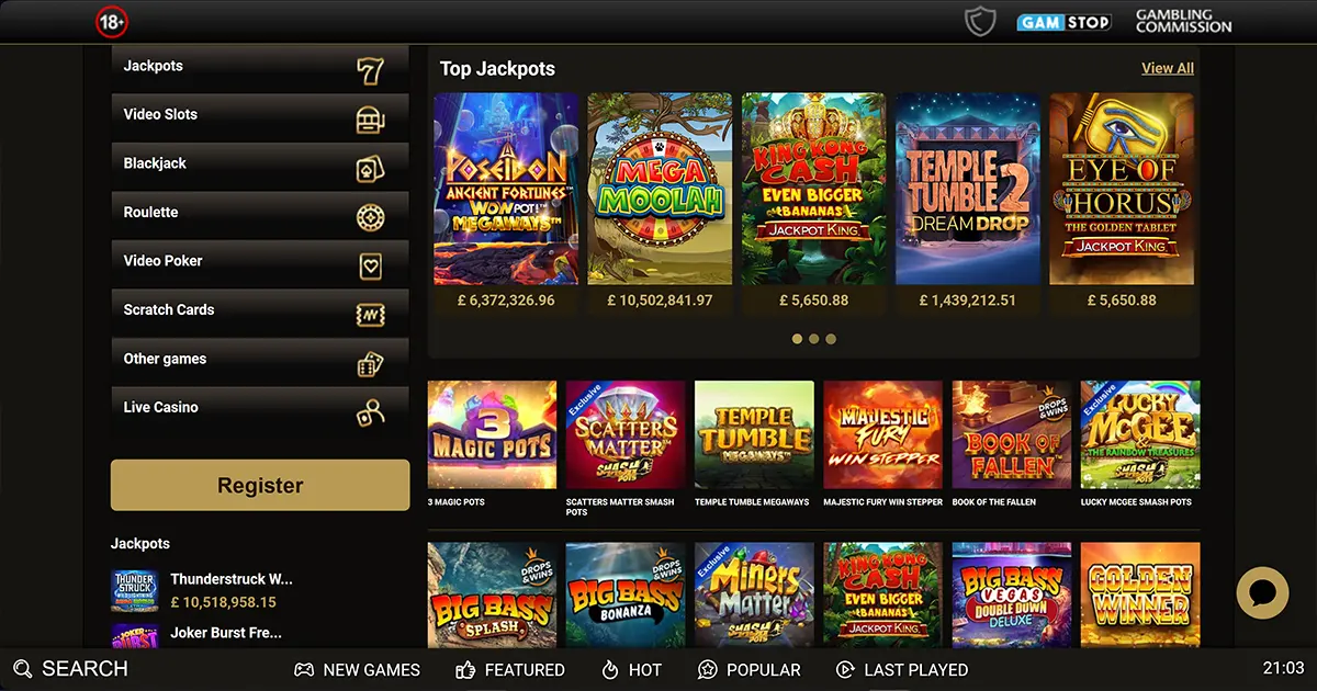 Screenshot showing the Mega Riches casino game lobby with various slot titles on display